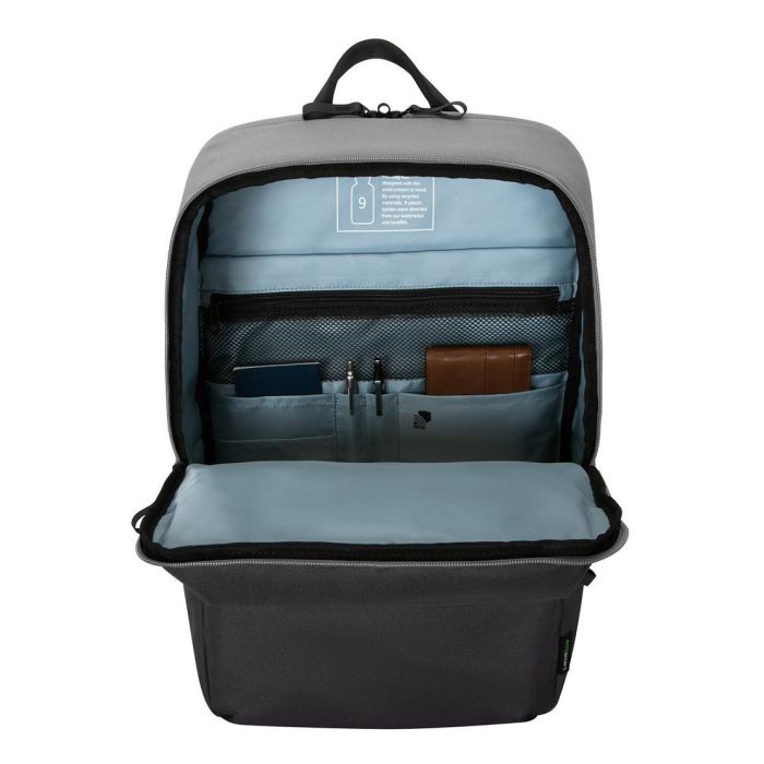 Targus Sagano Travel Mochila para Portátil 15.6 Pulgadas (39.6 cm) con Compartimento Seguro, Impermeable, Hecha de Material Reciclado RPET, 2 Bolsillos Frontales, Color Gris