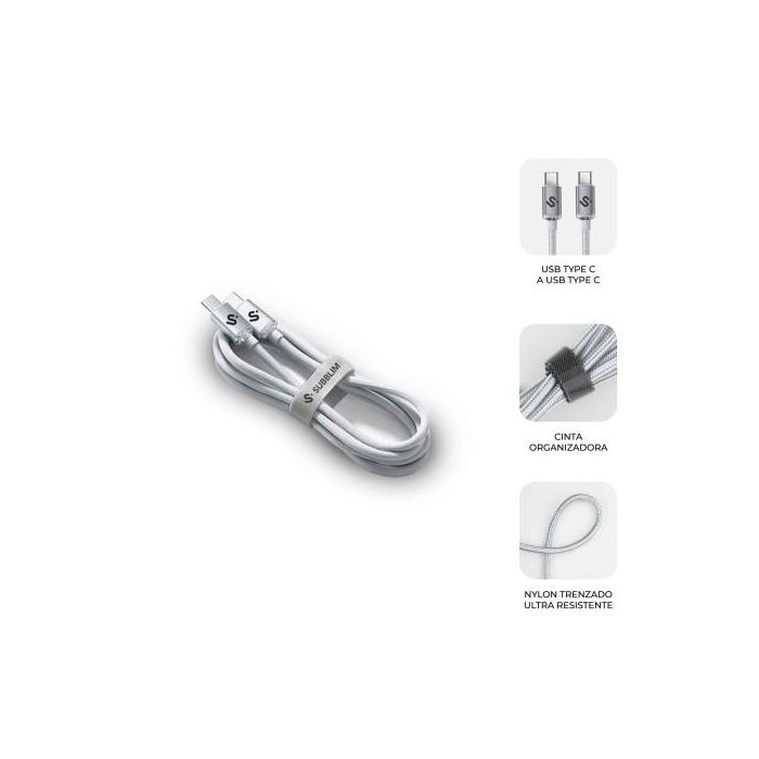 Subblim SUBCAB-C06010 Cable USB-C a USB-C Optimus 60W Carga Rápida PD 480Mbps 1m Nylon Trenzado Blanco para iPhone/Samsung/MacBook 2