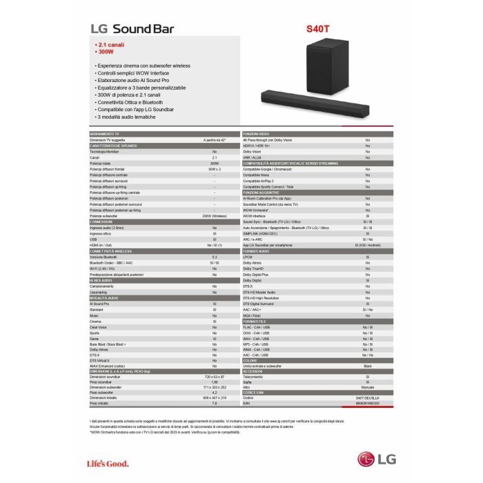 LG S40TR Barra de Sonido 4.1 Canales 400W Negro con Subwoofer Inalámbrico y Dolby Atmos, DTS Digital Surround 1 LG S40TR Barra de Sonido 4.1 Canales 400W Negro con Subwoofer Inalámbrico y Dolby Atmos, DTS Digital Surround 1