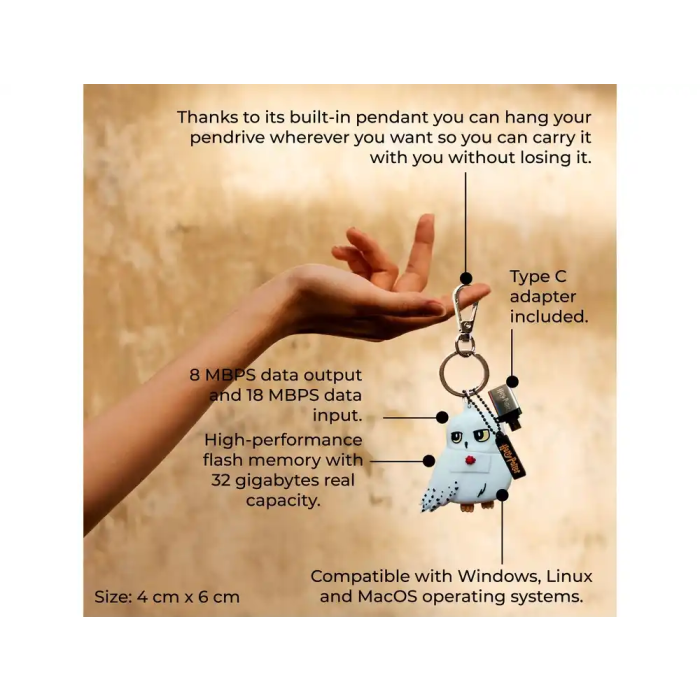 Wondee Llavero USB Hedwig 32GB Harry Potter Pendrive con Adaptador USB C 2