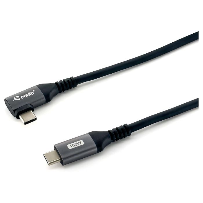 Equip Cable USB-C 2.0 Macho Macho Acodado 90° 100W Con Chip E-Mark Color Negro 1.0m Malla algodon trenzado Carcasa Conector Aluminio 1