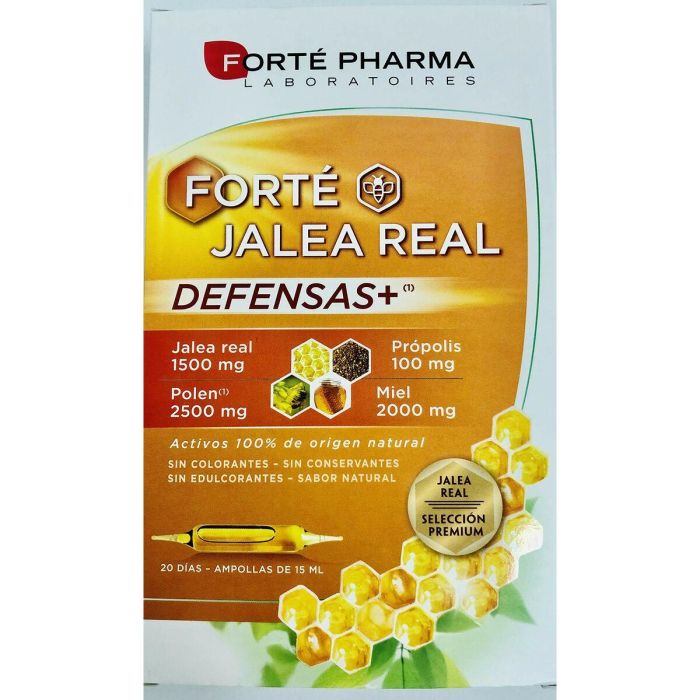 Forté Pharma Jalea Real Defensas+ Ampollas con Polen, Própolis y Miel - Refuerza Defensas Naturales, Sin Gluten ni Azúcar, ECO, 20 Unidades