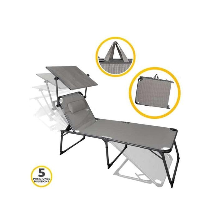 Tumbona de playa plegable aluminio con parasol textileno gris aktive 193x67x48/96 cm 1 Tumbona de playa plegable aluminio con parasol textileno gris aktive 193x67x48/96 cm 1