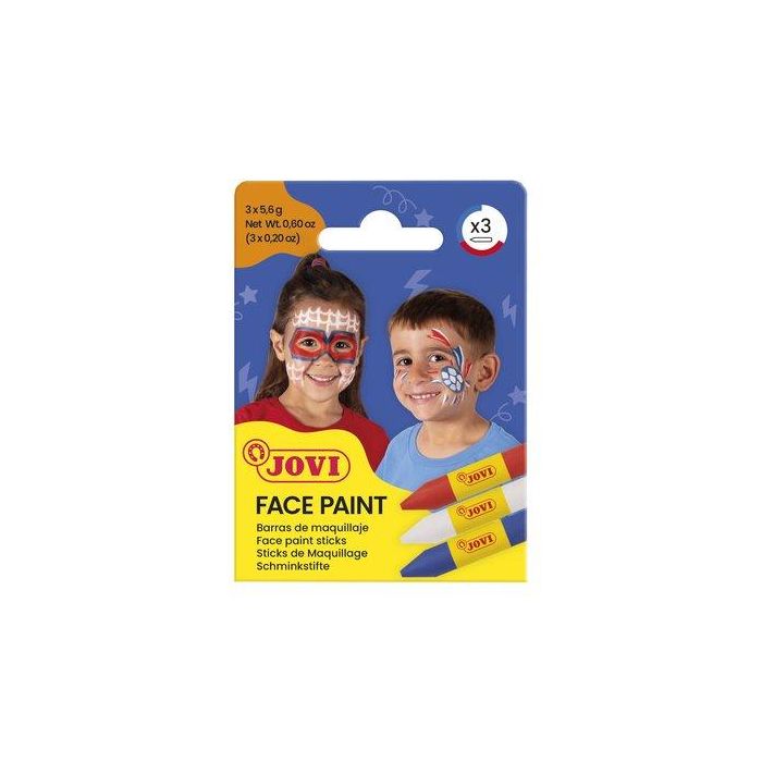 Jovi Maquillaje Estuche 3 Barras Adventure Blanco Rojo Azul para Niños, Seguro Dermatológicamente Testado, Ideal para Fiestas, Carnaval, Halloween