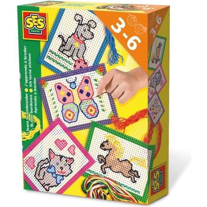 Ses Creative SU CREATIVO Kit Aprendo a Bordar - Gato, Mariposa, Caballo, Perro - Tarjetas Preimpresas Perforadas para Niños +3 años