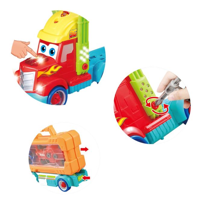 Tachan Camión de Fórmula 1 con Luces y Sonido, 36 Piezas Montables y Desmontables, Incluye Coche de Carreras y Almacenamiento, +3 Años 1