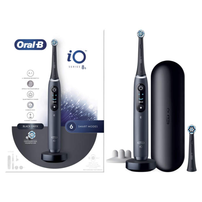 Oral-B iO 8S Cepillo dental vibratorio para adulto, Negro, 6 modos de cepillado: limpieza profunda, sensible y blanqueador