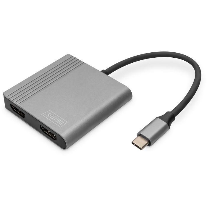 DIGITUS Adaptador USB-C a 2x HDMI 4K/30Hz, Carcasa de Aluminio Plateado, 18cm, HDCP 1.4, HDR10