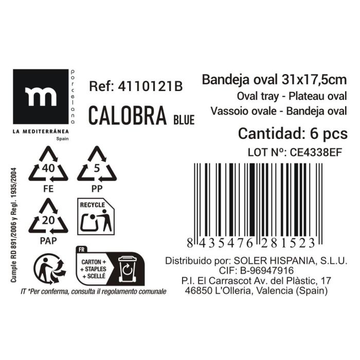 La Mediterranea Bandeja Calobra Azul 31 cm x 17.5 cm (24 Unidades)