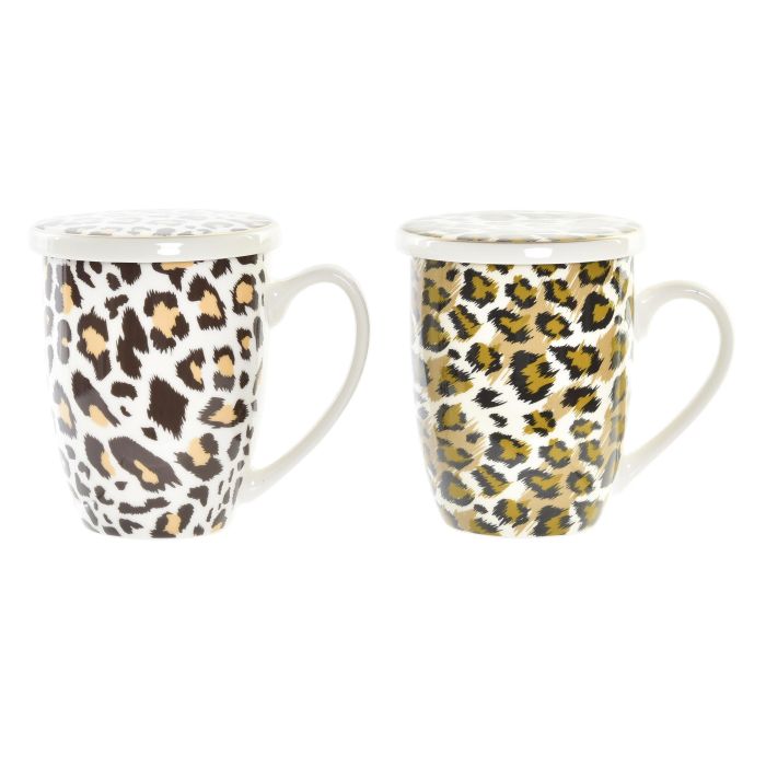 DKD Home Decor Mug Infusiones Porcelana 380ml Diseño Leopardo Colonial Marrón Blanco Apto Microondas Lavavajillas (6 Unidades)