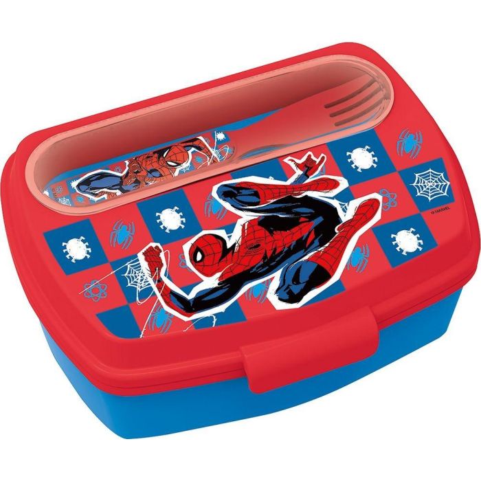 MARVEL CZ11272 Sandwichera Infantil Spiderman con Cubiertos (Cuchara & Tenedor) - Plástico Alimentario Reciclable Sin BPA