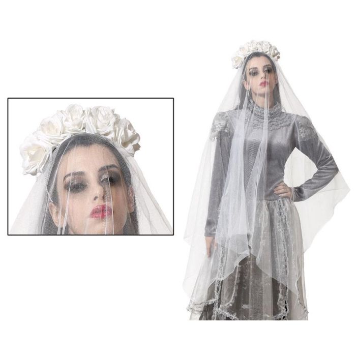 Diadema Halloween Velo Novia Blanco Rosas 129*19