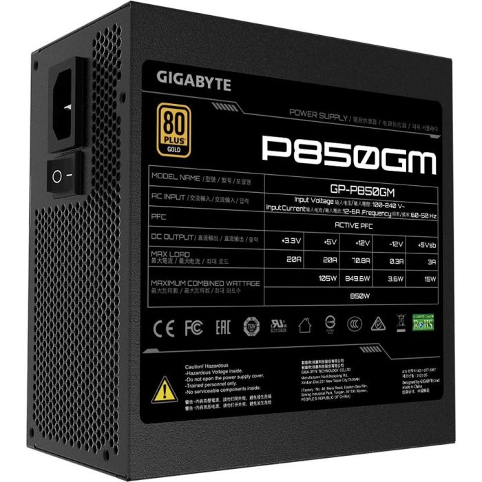 GIGABYTE P850GM Fuente de Alimentación 850W PC ATX - Certificación 80 PLUS Gold, Cableado Totalmente Modular, Ventilador 12cm, Negro 1 GIGABYTE P850GM Fuente de Alimentación 850W PC ATX - Certificación 80 PLUS Gold, Cableado Totalmente Modular, Ventilador 12cm, Negro 1