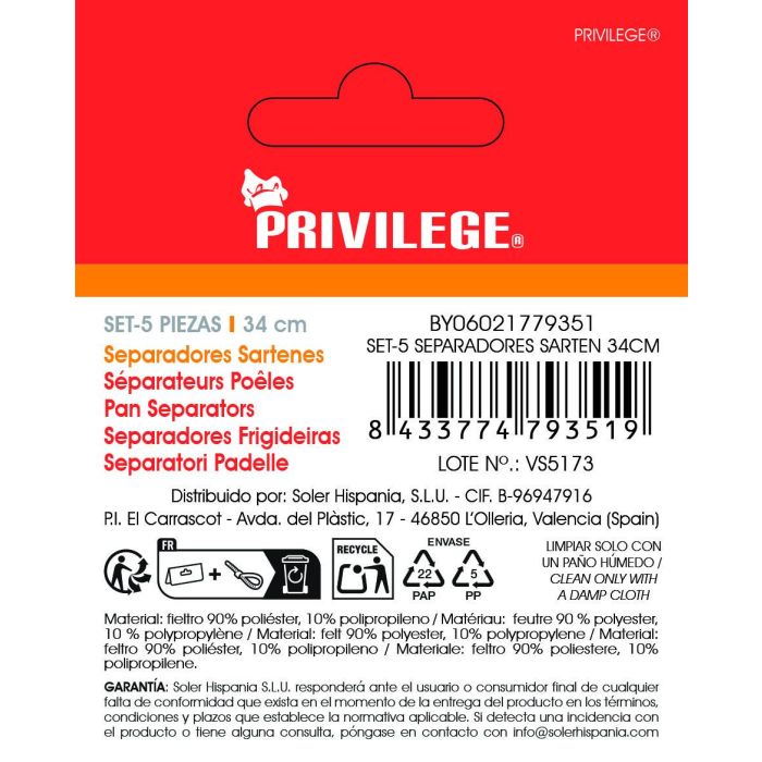 Set-5 Separadores Sarten 34Cm Privilege (24 Unidades) 4 Set-5 Separadores Sarten 34Cm Privilege (24 Unidades) 4