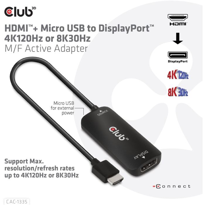 Club3D Adaptador HDMI + MicroUSB a DisplayPort Activo 4K120Hz 6 Club3D Adaptador HDMI + MicroUSB a DisplayPort Activo 4K120Hz 6