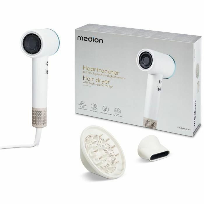 Medion MD19983 Secador de Pelo 1600W, 2 Velocidades, 85°C, Diseño LED Blanco