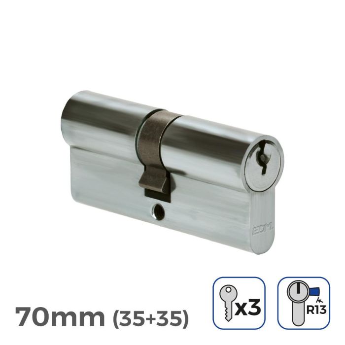 Cilindro 70mm (35+35mm) niquelado, leva corta r13 con 3 llaves de serreta incluidas Cilindro 70mm (35+35mm) niquelado, leva corta r13 con 3 llaves de serreta incluidas