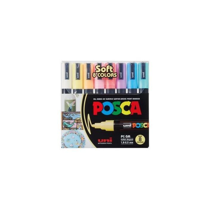 POSCA 10.1.0970. Marcador Uni PC-5M, punta redonda 1.8-2.5mm, set de 8 colores pastel para varias superficies