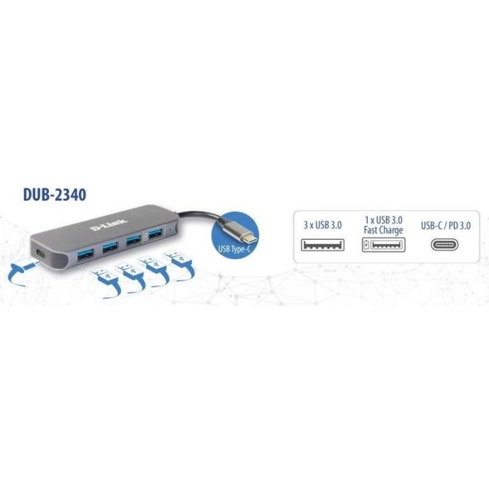 D-Link DUB-2340 Hub USB-C a 4 Puertos USB 3.0 con 60W Power Delivery Gris 2