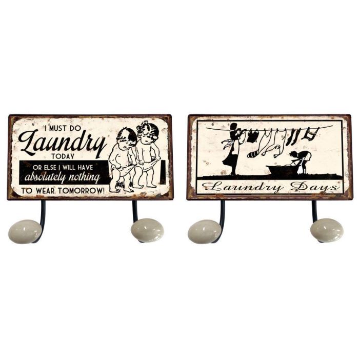 DKD Home Decor Perchero de Pared Vintage de Metal Negro Blanco 6x23x12 cm, 4 Unidades Surtidas con 2 Ganchos