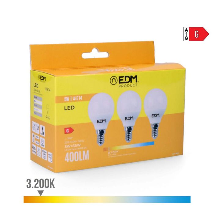 Edm Bombilla Esferica LED E14 5W 400lm 3200K Luz Calida Ø4,5 x 8 cm Kit 3 Unidades 0 Edm Bombilla Esferica LED E14 5W 400lm 3200K Luz Calida Ø4,5 x 8 cm Kit 3 Unidades 0
