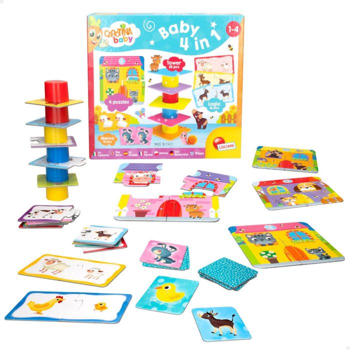 Lisciani Giochi Carotina Baby - 4 Juegos en 1: Truco, Lógica, Memo, Puzzle - 25 Piezas de Colores para Apilar - Niños y Niñas +12 Meses