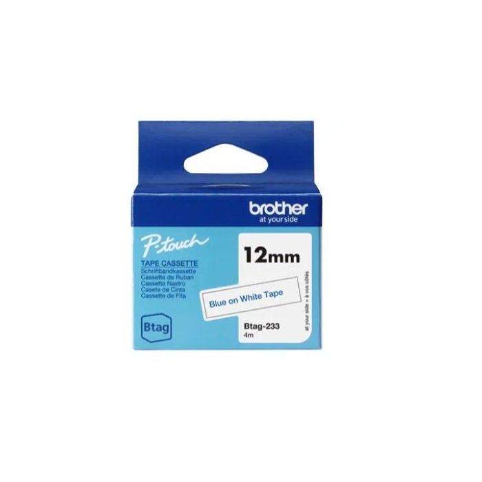 Brother Cinta Doméstica Btag Azul sobre Blanco 12mm x 4m Compatible con Ptn10, Ptn20, Ptn25Bt