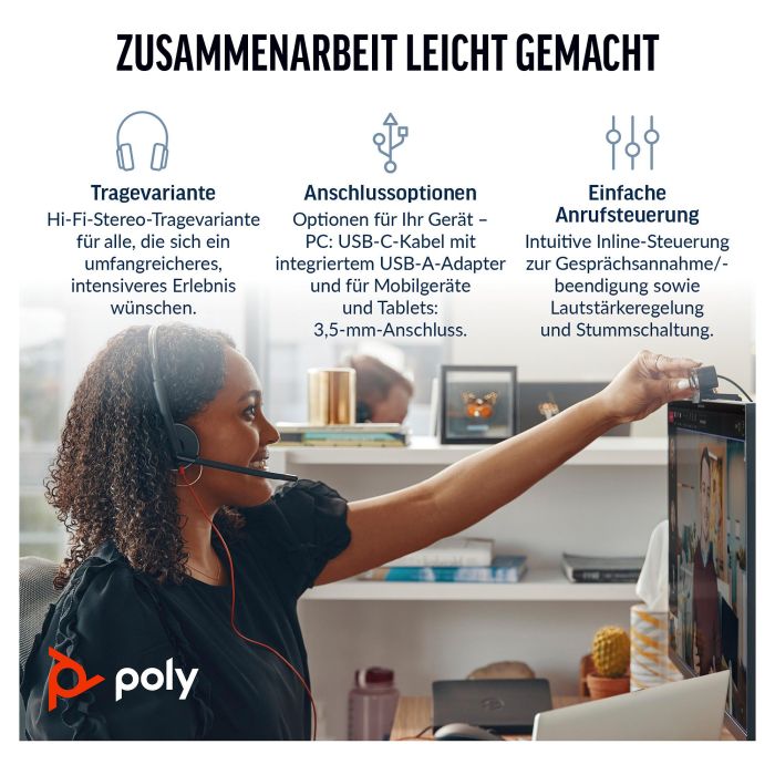 HP Auriculares Blackwire C3225 Diadema Estéreo con Micrófono, Control de Volumen, Jack 3.5 mm con Adaptador USB-C a USB-A Negro 1 HP Auriculares Blackwire C3225 Diadema Estéreo con Micrófono, Control de Volumen, Jack 3.5 mm con Adaptador USB-C a USB-A Negro 1