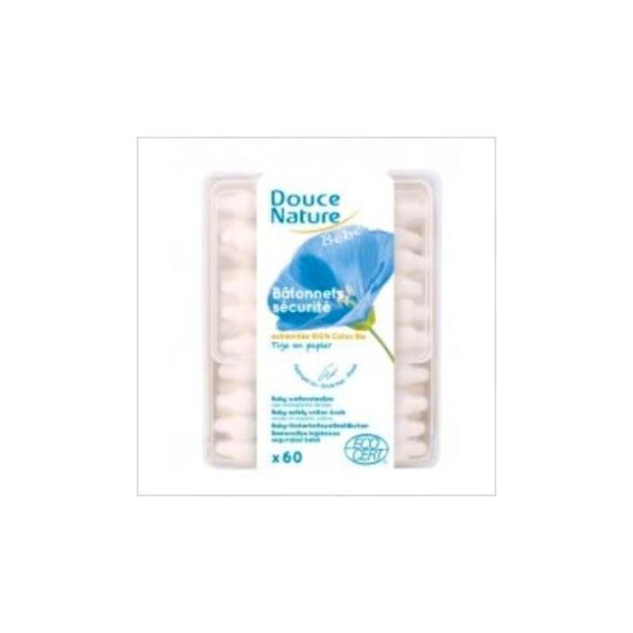 DOUCE NATURE Bastoncillos de Seguridad para Bebé, Algodón Bio 100%, Palillo de Papel, 60 Unidades