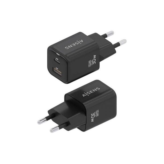AISENS ASCH-30W2P021-BK Cargador de Pared GaN 30W USB-C y USB-A Carga Rápida Power Delivery QC Universal Negro 1 AISENS ASCH-30W2P021-BK Cargador de Pared GaN 30W USB-C y USB-A Carga Rápida Power Delivery QC Universal Negro 1