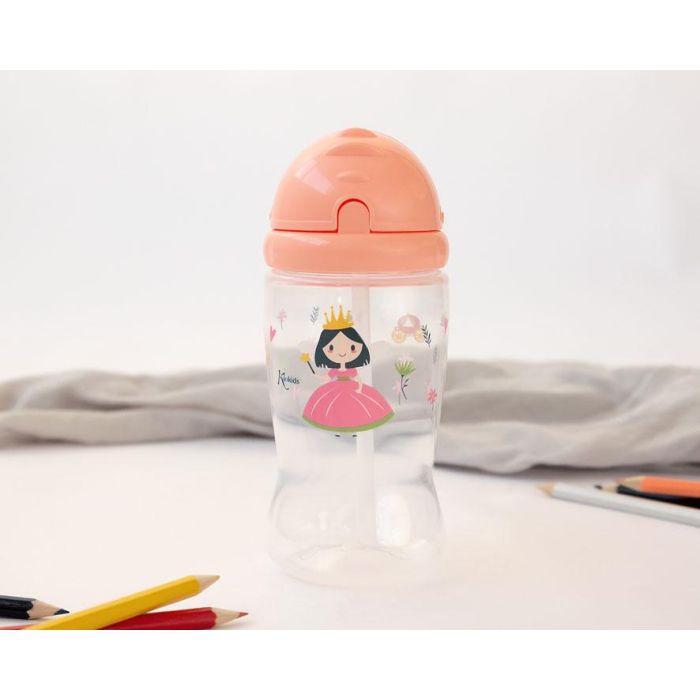 KioKids Botella 350 mL Rosa con Pajita Fácil Apertura Higiénica para Bebés +6 Meses