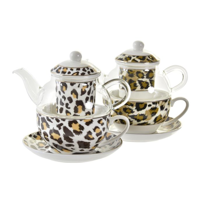 DKD Home Decor Tetera Colonial Diseño Leopardo Marrón Blanco de Cristal y Porcelana 250ml Apta Lavavajillas y Microondas (2 Unidades) 1