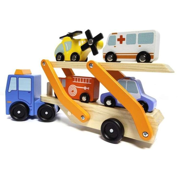 Camión de emergencias de madera con vehículos 6 piezas. 8 Camión de emergencias de madera con vehículos 6 piezas. 8