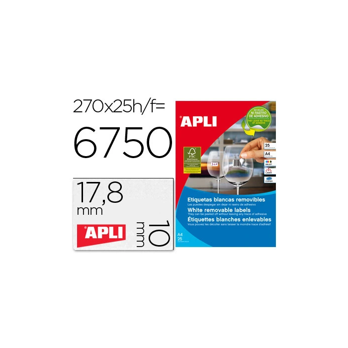 Apli 10197 Etiquetas Adhesivas 17,8x10 mm Removible para Fotocopiadora Láser Ink-Jet Caja 25 Hojas Apli 10197 Etiquetas Adhesivas 17,8x10 mm Removible para Fotocopiadora Láser Ink-Jet Caja 25 Hojas