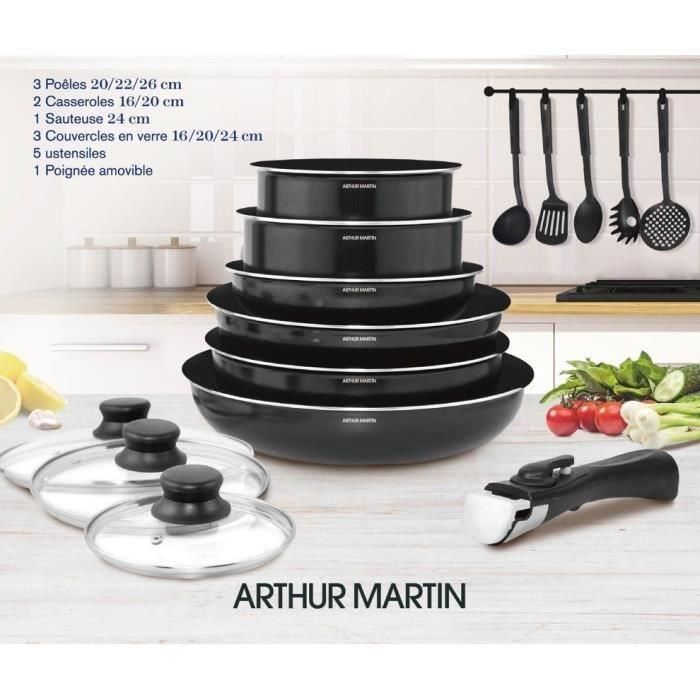 ARTHUR Martin Batería de cocina extraíble 15 piezas 16-20-22-24-26 CM Luces negras de todo 1