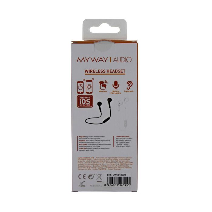 Myway Mwhph0022 Auriculares Inalambricos Negros Ergonómicos con Sonido HD y Bluetooth 4.1 1