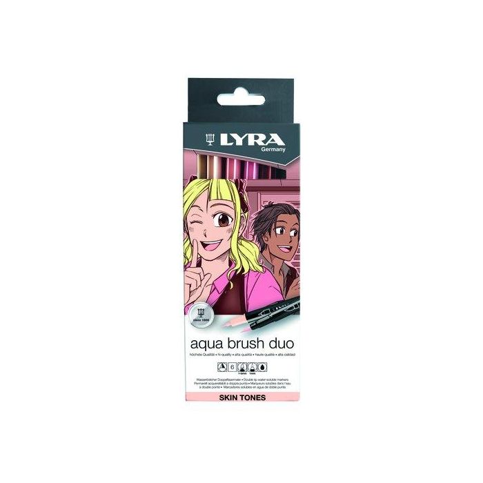 Lyra Rotulador Lyra Aqua Brush Duo acuarelable doble punta: fina y pincel, tonos piel, blister 6 unidades surtidas