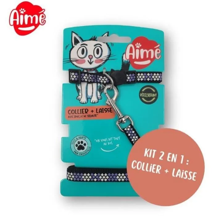 Aime AIM3281019020600 Kit de collar y correa - Morado reflectante para gatos 1