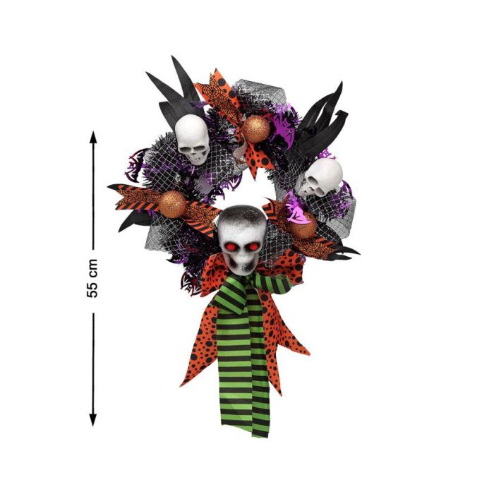 Corona Decorativa Halloween Calaveras Lazos Ojos Rojos Purpurina 55 cm