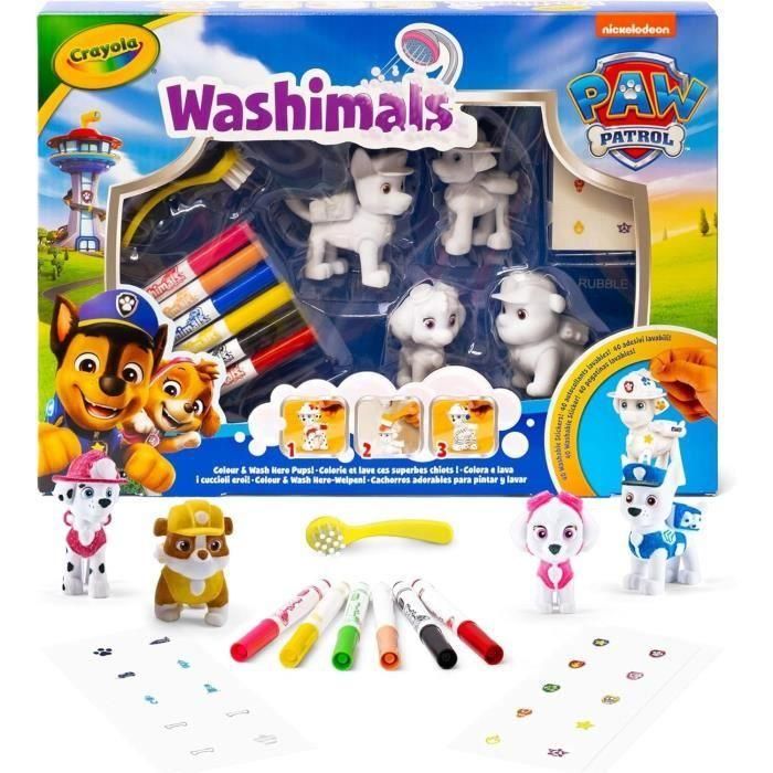 Crayola 74-0290 Washimals Patrulla Canina Set 4 Mascotas Decorar y Lavar Chase, Rubble, Marshall, Skye + Rotuladores Cepillo Pegatinas +3 Años