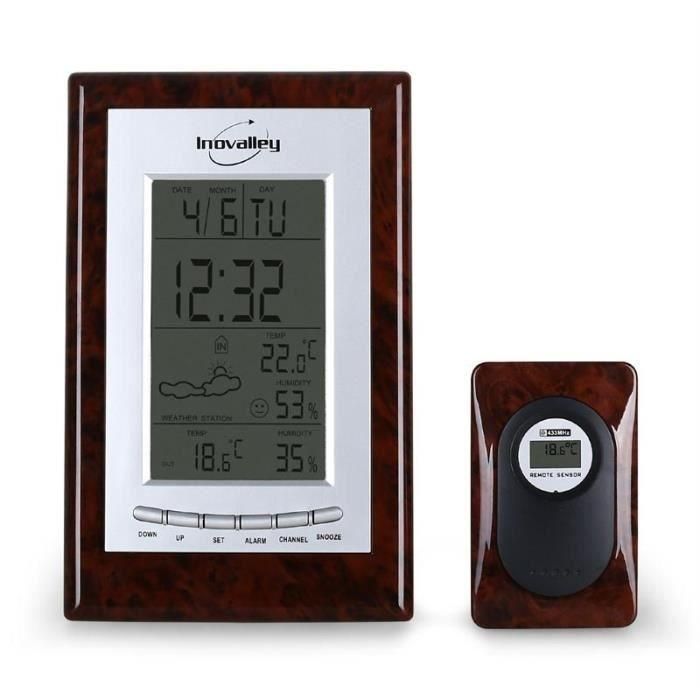 Inovalley SM121B Estación Meteorológica Inalámbrica con Sensor Exterior, Termómetro Higrómetro Int/Ext, Radio Controlada, Fase Lunar, Acabado Nogal 1