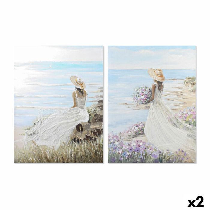 Lienzo DKD Home Decor Azul Blanco Marrón Beige Mujer Mediterráneo 90 x 4 x 120 cm (2 Unidades)