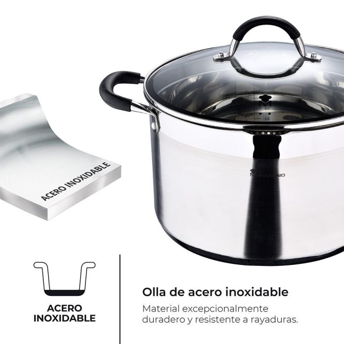 Masterpro Olla Foodies Bgmp-1506-bk, Acero Inoxidable 18/10, 9.5L, Ø28x16.5cm, Tapa de Vidrio, Inducción 4 Masterpro Olla Foodies Bgmp-1506-bk, Acero Inoxidable 18/10, 9.5L, Ø28x16.5cm, Tapa de Vidrio, Inducción 4