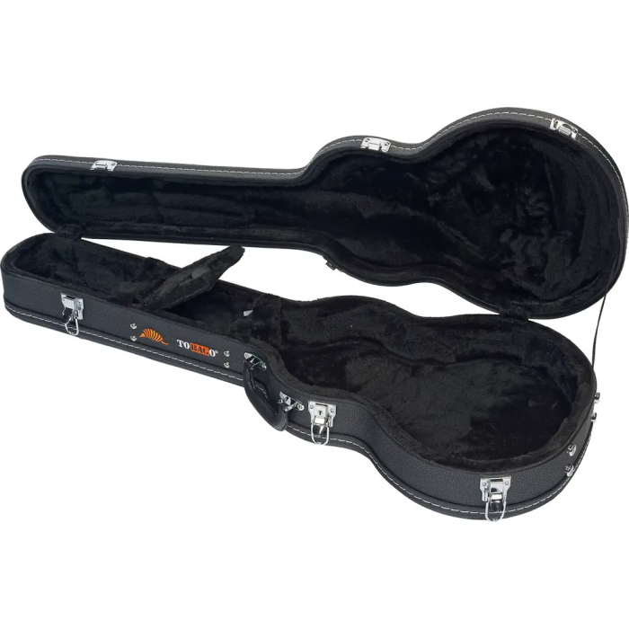 Estuche Rígido Tobago CURVED para Guitarra Eléctrica Tipo Les Paul, Piel Sintética Negra, Felpa Interior, Cierre Metálico 1