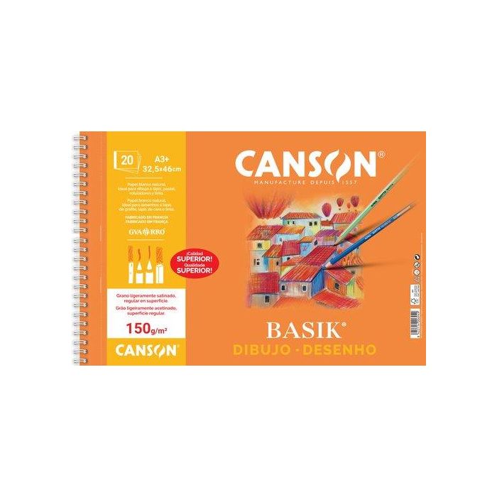 Canson Bloc de dibujo Basik A3 325x460 mm, 20 hojas 150g/m², papel blanco natural ligeramente satinado FSC