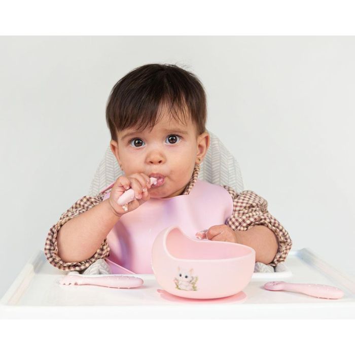 KioKids Set de 3 Cubiertos de Silicona Rosa para Bebé Lovely Friends, Pre-Cuchara, Cuchara y Pre-Tenedor, +6 Meses, 11 cm