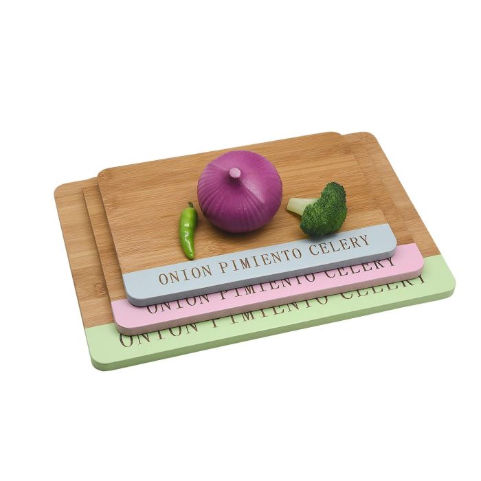 DKD Home Decor Tabla de Cortar Bambú Set de 3 Colores Azul, Verde y Rosa 33.5 x 22.4 x 1.2 cm