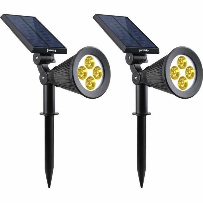 LUMI GARDEN 2 Focos LED Solares Puntiagudos, Luz Cálida, 200 Lúmenes, Detector Crepuscular, 8-10h Autonomía, Impermeable, 34 cm