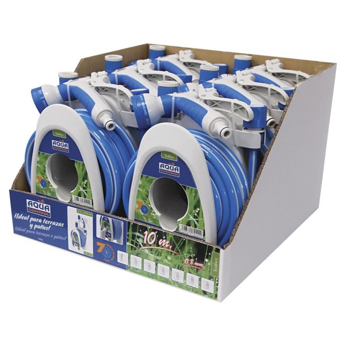 Aqua Control Carrito Portamanguera Especial Terrazas 10m PVC con Pistola 7 Formas Riego, 2 Conectores y Adaptador 3