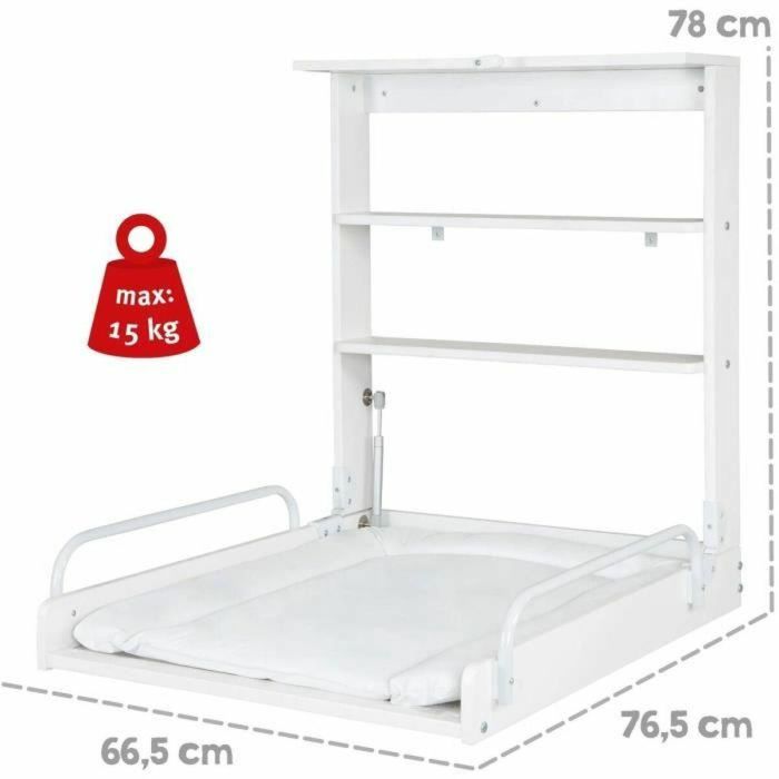Roba Cambiador Plegable de Pared con Colchón Impermeable, 2 Estantes Integrados, Madera Lacada en Blanco 3